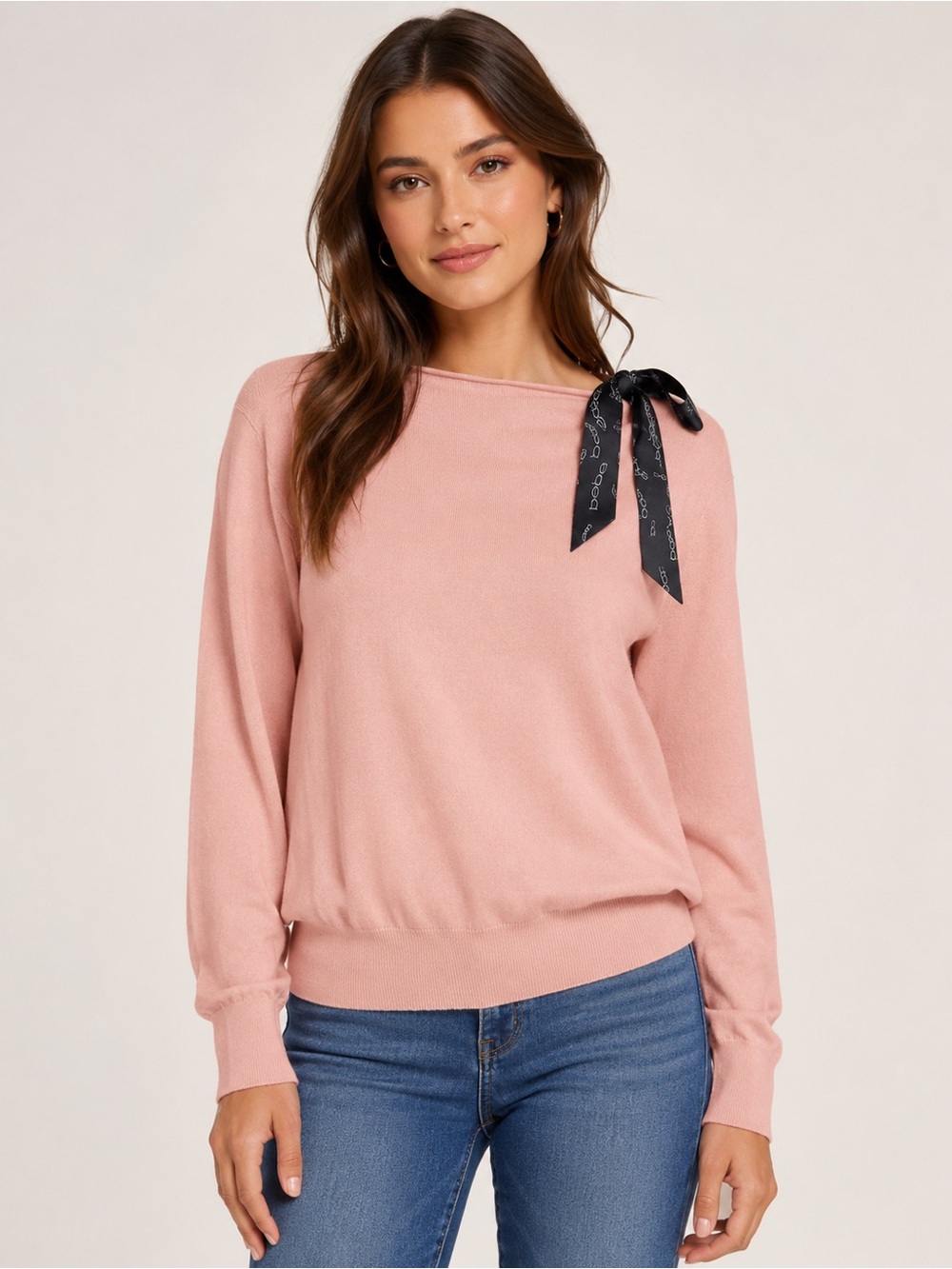 bebe Blush Pink Boatneck Sweater with Black Bow Accent